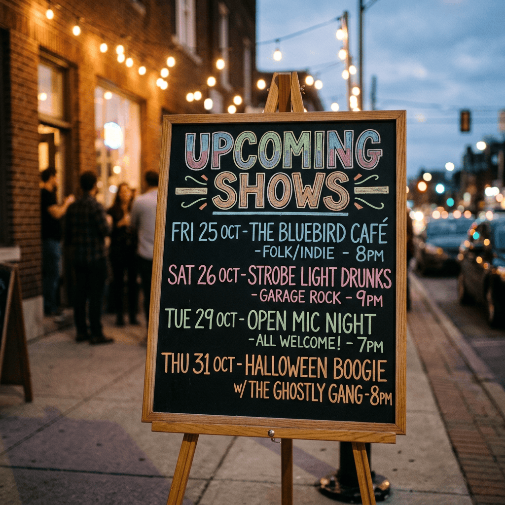 Chalkboard listing upcoming shows at the Bluebird Cafe