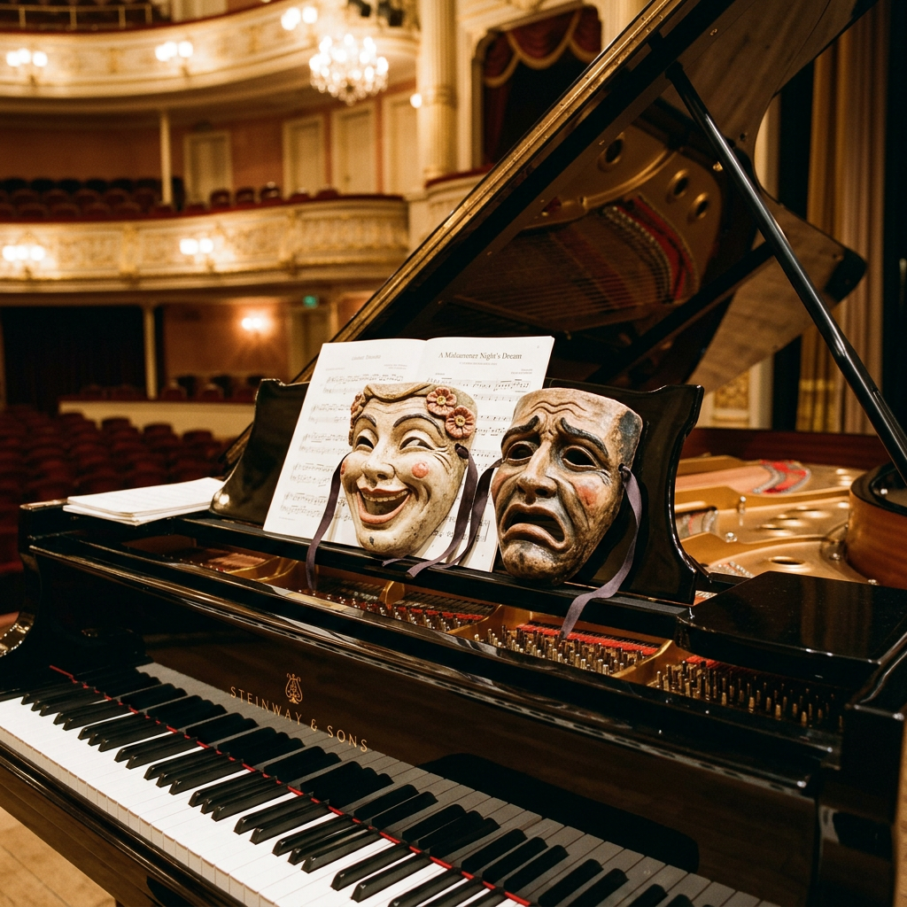 Grand piano with comedy and tragedy masks, sheet music, and Steinway & Sons logo