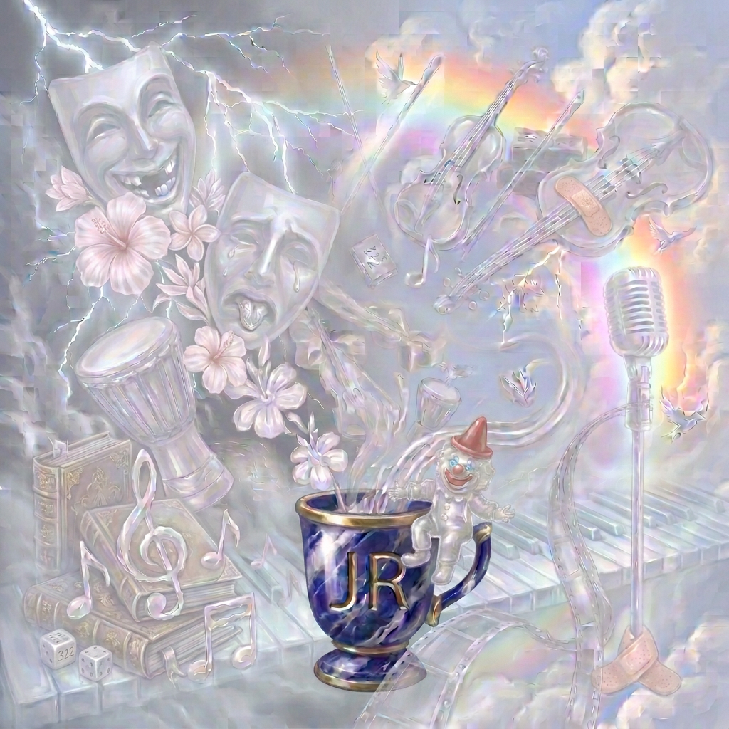Grand piano with comedy and tragedy masks, sheet music, and Steinway & Sons logo