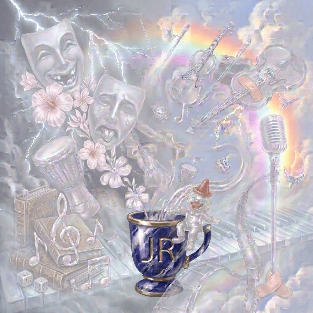 Grand piano with comedy and tragedy masks, sheet music, and Steinway & Sons logo